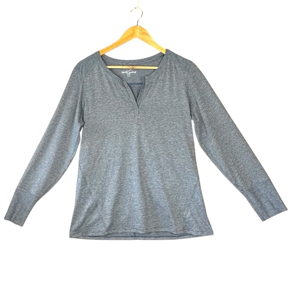 EDDIE BAUER Women’s Athletic Sweater Size L Striped Gray Stretch Long Sleeves.